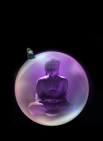 Buddha Mindfulness Bubble - purple buddha in lotus position inside purple bubble with a butterfly sit on top with closed wings on black background with copy space aboveの写真素材