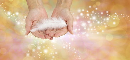 White feathers are the calling cards of Angels - female hands gently holding a fluffy white feather against a golden sparkling bokeh background with copy spaceの写真素材
