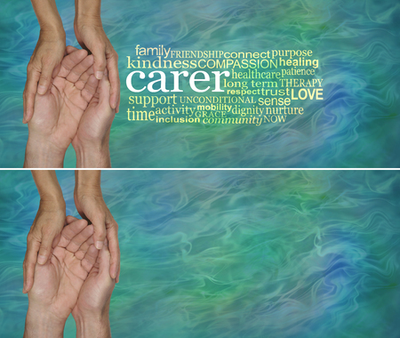 Carers Word Cloud - female hands gently cupped around male cupped hands beside a CARER word cloud on a flowing jade green  backgroundの写真素材