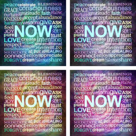 4 square mindfulness NOW word cloud coasters - blue grey pink and orange NOW word cloud drink mats designs, with bleed on a swirling background reading for printingの写真素材