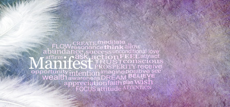 Angelic Manifest Abundance Word Cloud - two white feathers and a MANIFEST word cloud against a rustic purple subtle colored stone effect  background with copy spaceの写真素材