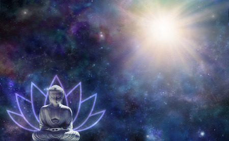 Buddhism Enlightenment Background - Buddha in seated position with a lotus flower symbol behind against a dark starry night sky with a magnificent light burst in the top right corner and copy spaceの写真素材