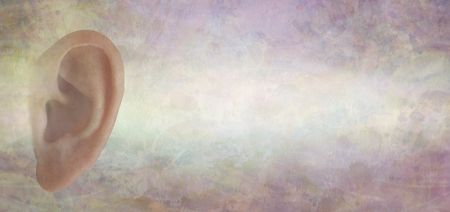 Ear Anatomy Rustic background banner - cut out of a single female side view ear against a wide pastel  grunge background with copy spaceの写真素材
