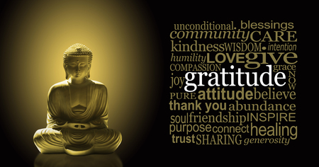 Golden Gratitude Meditating Buddha Banner - Buddha in lotus position with a golden glow beside a neat square GRATITUDE word cloud against a black backgroundの写真素材