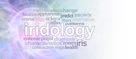 Iridology eye specialist word cloud concept banner - wide modern banner with a white IRIDOLOGY sitting on top of a purple green spiral formation background with a relevant word cloudの写真素材