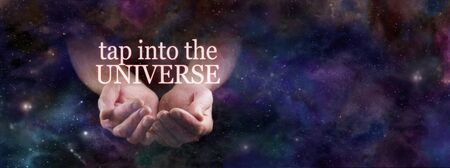 Tap Into the Power of the Universe - male cupped hands emerging from heavenly deep space with the...