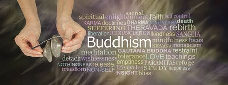 Ting Sha Buddhism Word Cloud - female holding Buddhist Ting Sha cymbals beside a Buddhism word tag...