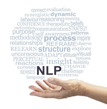 Neuro Linguistic Programming Practitioner offering NLP word tag cloud - female open hand with an NLP word cloud floating above on a white backgroundの写真素材