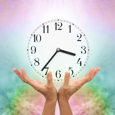 Make time for healing - female cupped open hands reaching up towards a clockface showing 3.37...