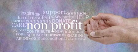 Not for Profit Word Cloud - male cupped hands on right with a NON PROFIT word cloud beside against a...