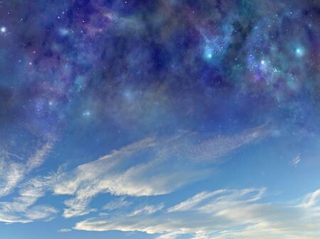 Day and Night all at once background - dark blue deep space  with many different stars, planets and...
