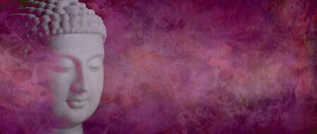 Mindfulness Buddha Meditation Message Banner - Ethereal semi transparent marble meditating Buddha head merging into rustic artistic deep magenta background with copy space on rightの写真素材