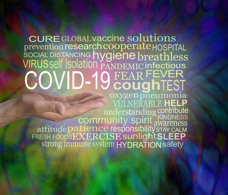 Coronavirus COVID 19 awareness tag word cloud - male open palm hand with the words COVID 19...