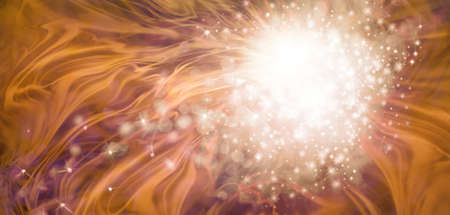 Autumnal Halloween Surprise Celebration Background banner - White ball of sparkles on a golden brown gaseous flowing  background with copy spaceの写真素材