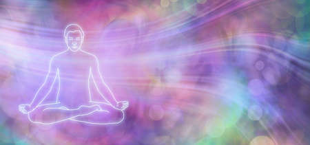 Allow thoughts to flow Meditation Banner  - multicoloured bokeh background with flowing lines depicting thoughts and glowing outline of male in seated meditating mindfulness lotus positionの写真素材