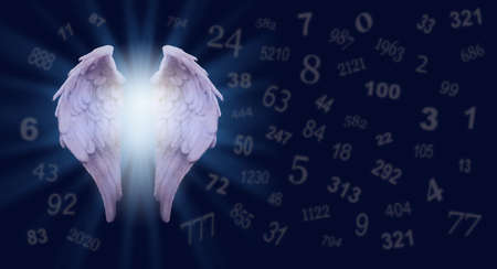 Angel Numerology Message Background - purple tinged angel wings on a dark blue background beside soft focus faded scattered random numbers from 1 to 5210 and space for copyの写真素材