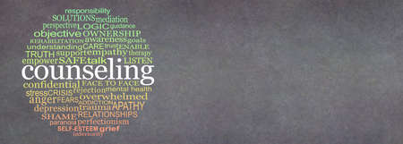 Counselling word bubble banner background - lime green yellow and orange circle of words relevant to COUNSELING against a wide rustic earth coloured background with copy space for messagesの写真素材