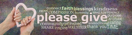 Please give with all your heart campaign word cloud -  female hands holding a pale pink heart shaped...