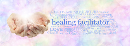 Words associated with being a Healing facilitator - female hands cupped with white burst of light against a rainbow coloured banner, and a relevant healing word cloudの写真素材