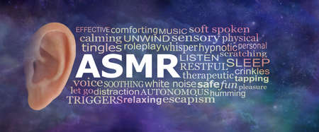 ASMR dark night word cloud Concept - Words associated with Autonomous sensory meridian response tag cloud on a cosmic blue purple green celestial night time backgroundの写真素材