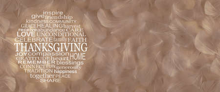 Words associated with  THANKSGIVING Word Circle - wide golden fluffy feather background with a round Thanksgiving word cloud on left side and copy space on rightの写真素材