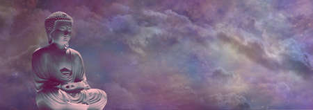 Buddhism Meditation Celestial Message Background - Buddha in lotus position on left against a purple pink blue heavenly cosmic sky background with space for copyの写真素材