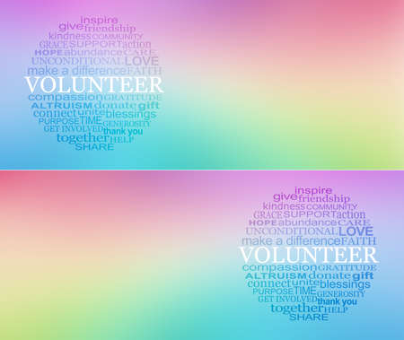 Volunteer Campaign Rainbow Message Banner x 2 versions - wide pastel multicoloured copy space area with a circular VOLUNTEER word cloud on left or rightの写真素材