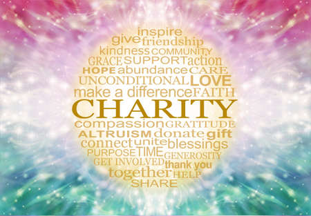 Words associated with CHRISTMAS CHARITY BALL Word Circle - beautiful red green   pattern background with a centrally placed circular gold coloured word cloud relevant to charitable activitiesの写真素材