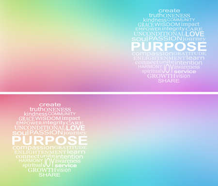 Words associated with PURPOSE  Word Circle Web Banner -  beautiful rainbow coloured background with a circular word cloud relevant to life's purpose activities, with copy spaceの写真素材