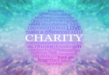 Words associated with CHARITY BALL Word Circle - beautiful jade green and purple pink pattern background with a centrally placed circular word cloud relevant to charitable activitiesの写真素材