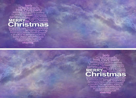 Merry Christmas Word Cloud Message Website Banner - Two wide romantic purple night sky backgrounds with an Xmas circular word cloud on one side and space for text oppositeの写真素材