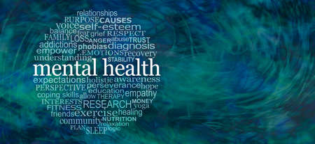 Words associated with Mental Health Awareness Circular Word Cloud - wide wildly swirling blue green background with a relevant circular word cloud on left side and copy space on rightの写真素材