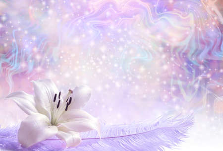 Beautiful lily laid on lilac Ostrich feather background - sparkles and ethereal flowing background...
