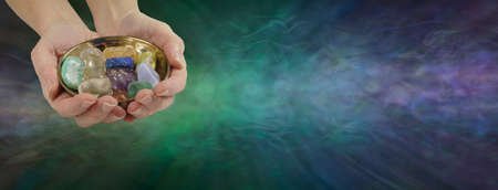 Crystal Healing Practitioner Template Banner - female holding brass dish with selection of healing...