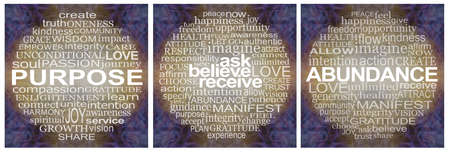 3 Spiritual Word Cloud Artworks for coasters placemats wall art -  dark border and gold words with...