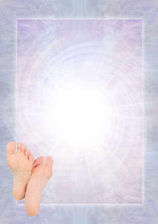 Reflexology Foot Massage Chiropy Template - pair of feet showing soles in bottom left against rotating white light framed background ideal for an advert, invitation, diploma, awardの写真素材