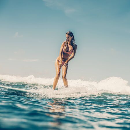 Fitness surfer woman in sexy bikini on surfing longboard ride and have fun on big waves in open ocean. Modern active lifestyle, people water sport adventure camp and extreme swim on summer vacation.の写真素材