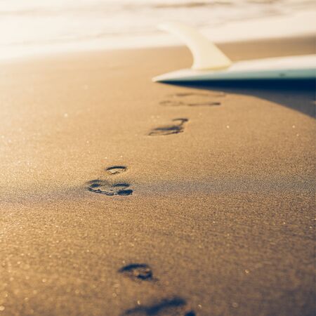 Footprints of young surfer woman in sexy bikini near surfing longboard to camera at sunset ocean beach. Modern family lifestyle, people water sport adventure camp and extreme swim on summer vacation.の写真素材