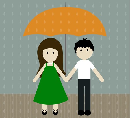 Girl and boy with umbrella in the pouring rain. Vector illustration. Boy and girl in a beautiful dress holding hands in the summer rainのイラスト素材