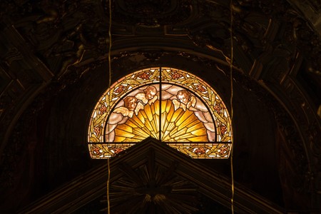 Rome, Italy - September 12, 2017: Stained glass window in Basilica of Santa Maria in Aracoeli. Details and interior inside the Basilica.のeditorial素材