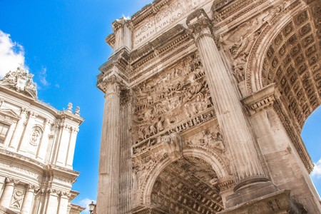 Rome, Italy - September 12, 2017: Arch of Emperor Septimius Severus in the Roman Forum, Architecture...