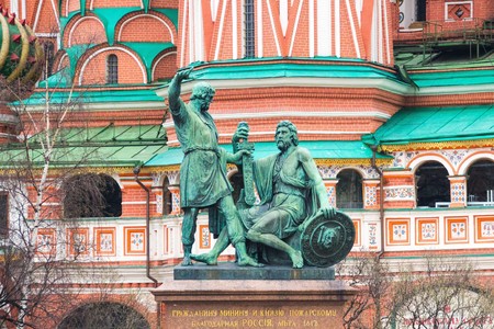 Moscow, Russia - april 21, 2012: The Monument to Minin and Pozharsky is a bronze statue on Red Square in Moscow, Russia, in front of Saint Basils Cathedral. Moscow architecture and landmark.のeditorial素材