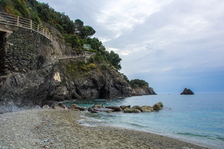 Monterosso, Cinque Terre, Italy - May 28, 2018: Beautiful small town of Monterosso in the Cinque Terre national Park. Italian colorful landscapes. Beautiful beaches on the coast of Monterosso.のeditorial素材
