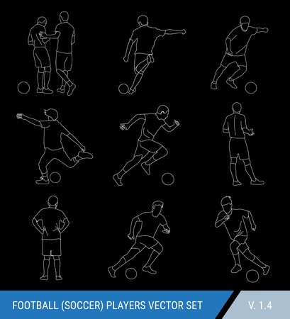 Vector white outline silhouettes of football players on black background. Judge and players, different poses, vector set. Football player hits the ball, runs with the ball, the judge fines the player.のイラスト素材