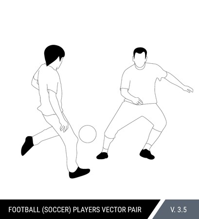 Two football opponents from different teams are fighting for the ball. Soccer players are fighting for the ball. Outline silhouettes, vector illustration. Can be used as a coloring books.のイラスト素材