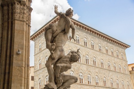 Sculpture The Rape of the Sabine Women, made by sculptor Giambologna (1574â82). Loggia dei Lanzi on the Piazza della Signoria in Florence, Italy.のeditorial素材
