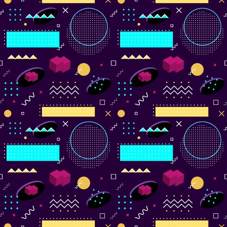 Seamless Memphis pattern. Abstract vector pattern of geometric shapes on a purple background. Bright...