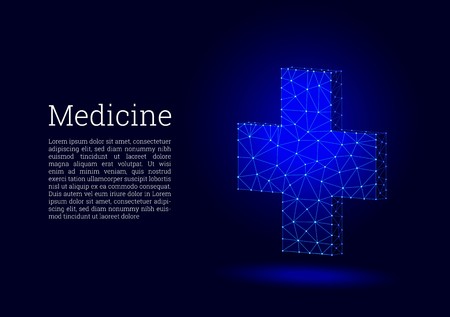 Medical cross low poly wireframe style. Concept of medicine and first aid. Medical and pharmacy vector sign. Abstract polygonal design of medical cross. Polygon vector wireframe concept.のイラスト素材
