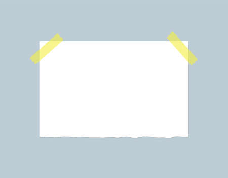 White sheet of paper glued with adhesive tape to the wall. Piece of torn paper with sticky tape. Vector template design. Blank paper sheet mockup.のイラスト素材