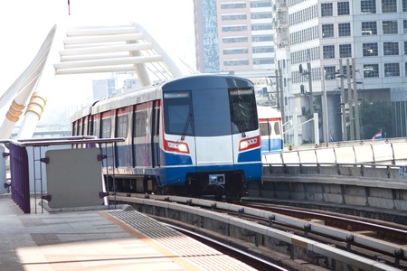 Sky train in Bangkok with building construction. 